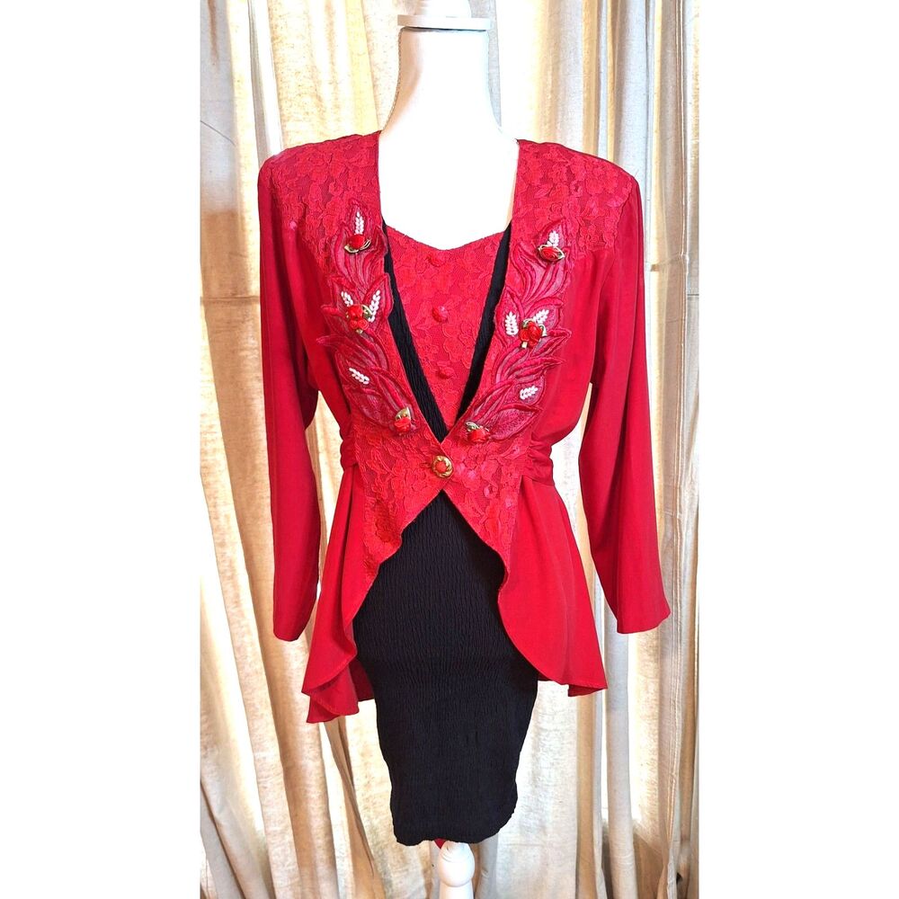 CLARA VTG 80s Red Beaded Jacket with Black and Red Lace Stretch Sleeveless Dress